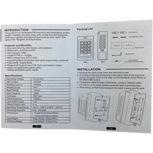 Door access Wide Keypad Waterproof IP68 RFID EM Card Reader Entry 2000 Users - Picture 4 of 5